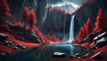 dark fantasy rocks and waterfalls covered with red trees (AI)