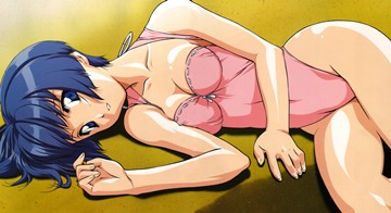 (e) Aoi in a pink swimsuit lying on the sand