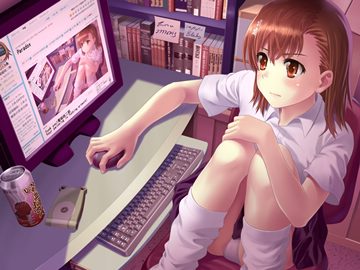 (e) (mm) Misaka Mikoto looks at her pic on the computer