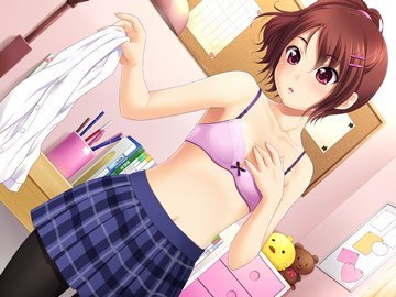 (e) Sakura Anna has skirt on, holding shirt